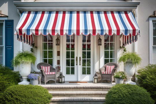 Front porch of a house with red, white and blue color scheme, Memorial Day, 4th of July. Generative AI
