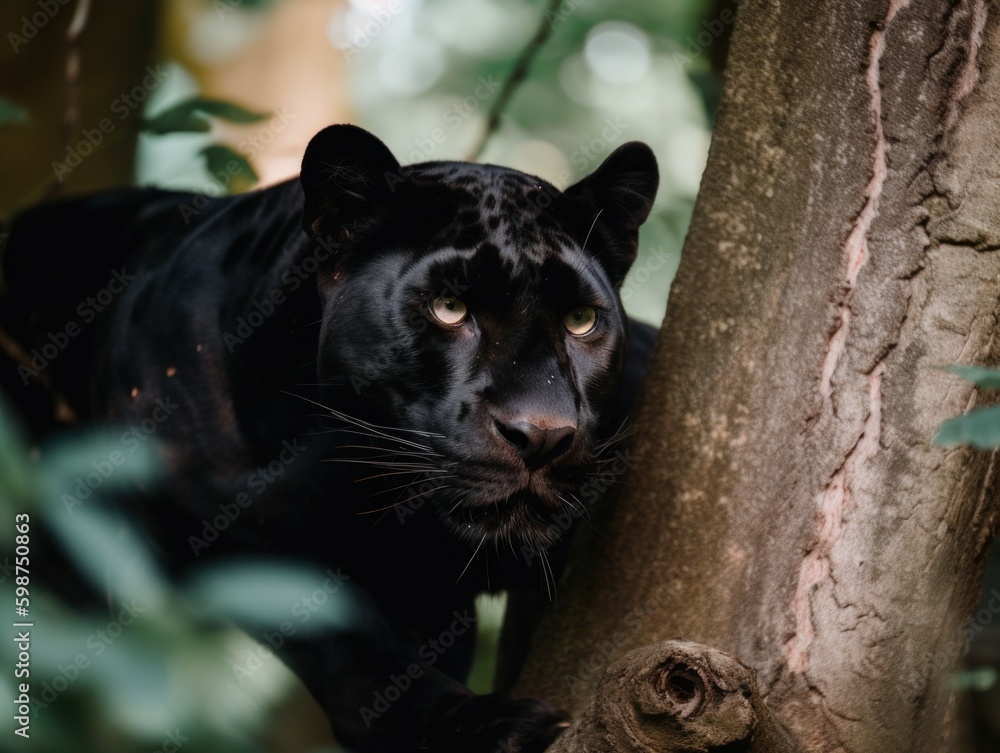 Aufkleber a black leopard is sitting in a tree. ai generative image.