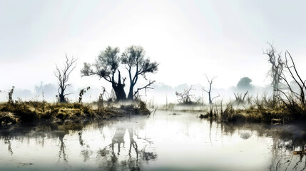 swamp on minimalist white background, generative ai