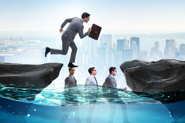 Inequal competition concept with businessman walking on heads