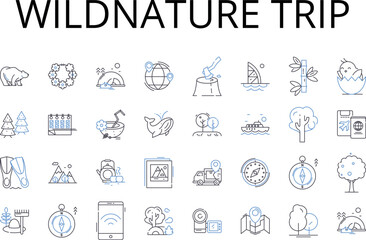 Wildnature trip line icons collection. Grand adventure, Daring endeavor, Bold expedition, Thrilling escapade, Intrepid voyage, Exciting journey, Epic odyssey vector and linear Generative AI