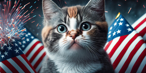 Cat celebrating 4th of July Independence Day, Memorial Day, USA. Generative AI