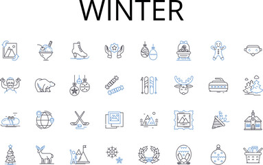 Fototapeta premium Winter line icons collection. Frost, Coldness, Bitterness, Chill, Sleet, Freezing, Iciness vector and linear illustration. Snowy,Wintry,Hailst outline signs set Generative AI