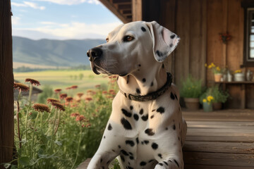 Peaceful image featuring a Dalmatian enjoying the serenity of a porch overlooking a vast field of wildflowers and distant mountains. Pet concept AI Generative