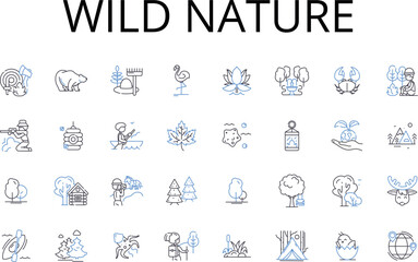 Wild nature line icons collection. Incredible beauty, Vast landscapes, Untamed wilderness, Endless horizons, Majestic mountains, Exotic paradise, Serene gardens vector and linear Generative AI