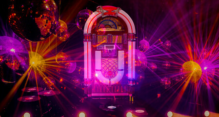 abstract music dj party background with jukebox and disco balls