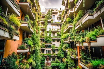 vertical garden as a sustainable way of building constructions of the future, save the planet, carbon absorving, generative ai