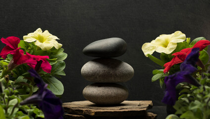Fototapeta na wymiar background podium for product presentation with zen stones .gray oval stones on a gray background with flowers
