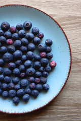 Turquoise plate with fresh blueberries on wooden background. Top view.