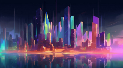 Futuristic City Water Reflected In The Style Of Hyper Colorful Dreamscapes, Nightmarish Illustrations, Dark Palette, Dreamlike Horizons, Realistic, Multi-Colored Minimalism, Futuristic Skyscrapers