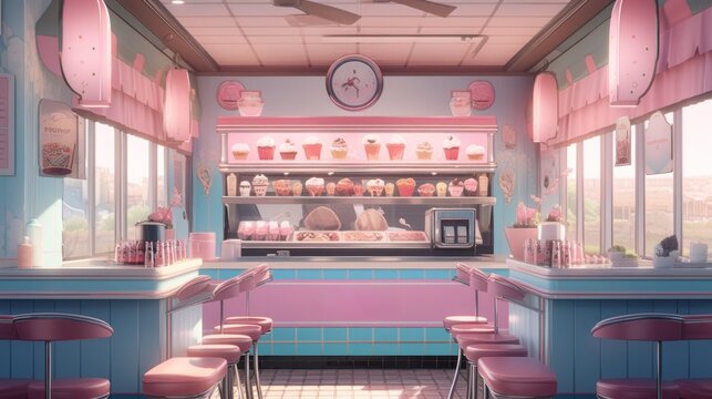 A pink and blue ice cream shop with pink stools. AI generative image.