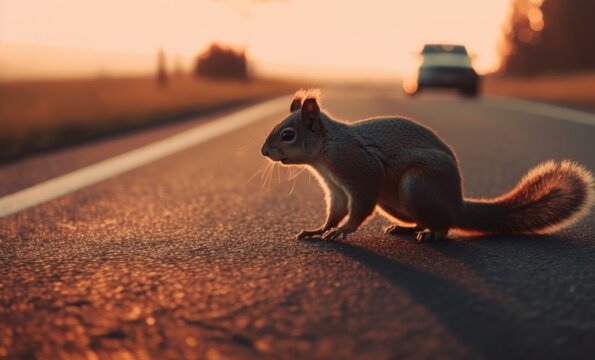 A squirrel standing on the side of a road. AI generative image.