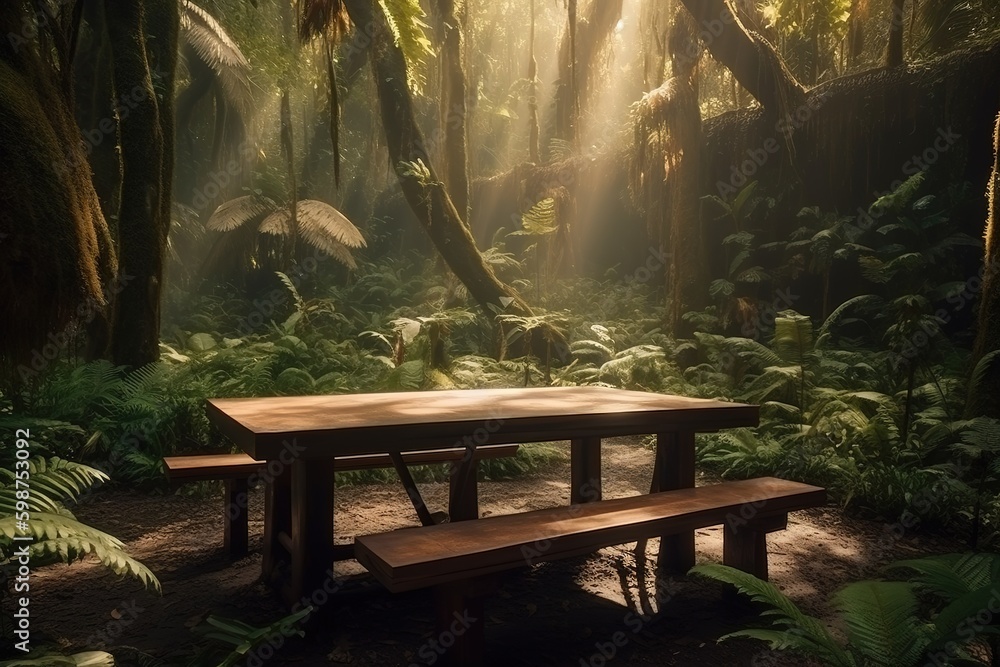 Poster a park seat made of wood that is situated in the center of a forest. generative ai generative ai
