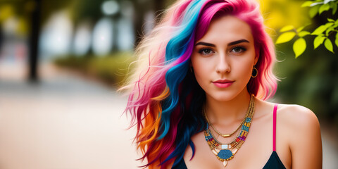 Obraz premium Young cute beautiful girl close-up with bright wavy or curly rainbow multicolored hair and necklace on color background. Generative AI.