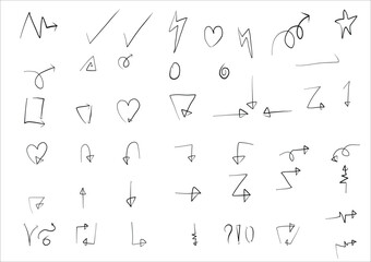 Set of vector hand drawning arrows.directions signs or symbols,arrow,firework,bow,tail, heart, set,line ,love,speech bubble,pointer,Vector hand drawning arrows and direction concept.