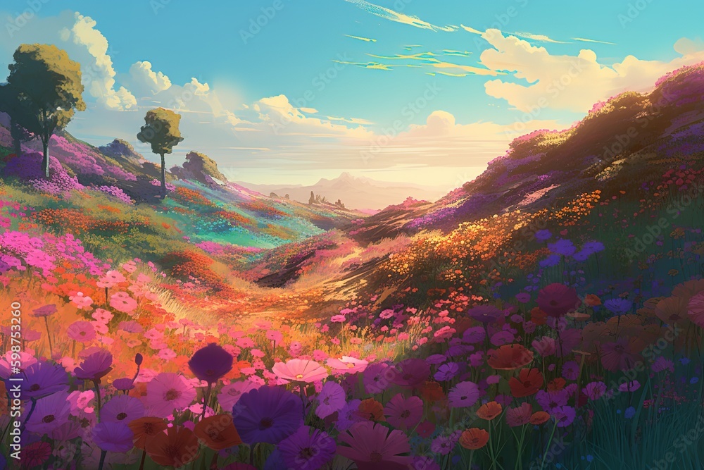 Poster a picture depicting a meadow that's bursting with blooms generative ai generative ai