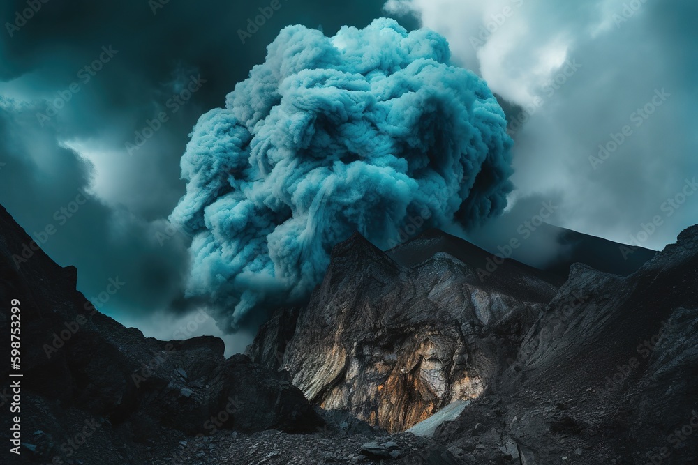 Poster a substantial column of smoke rising from the summit of a mountain generative ai generative ai