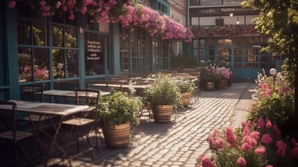 Empty fancy European cafe street terrace with lots of colorful flowers