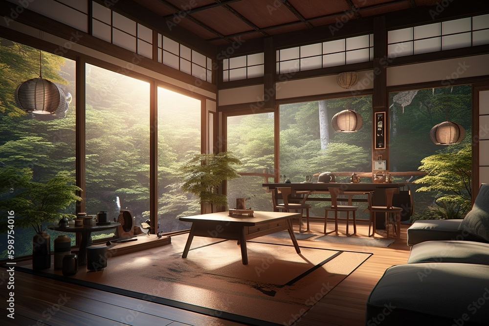 Poster a space designated as a living room that has a table and chairs. generative ai generative ai