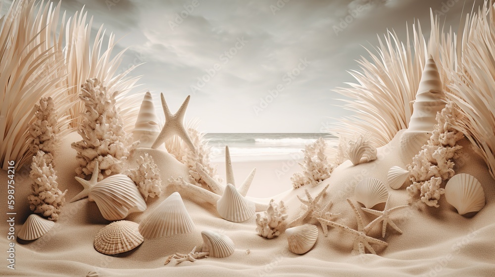 Poster a sandy beach with seashells and starfish may be seen against an overcast sky. generative ai generat