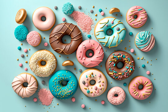 Doughnuts pattern in pastel colors. Generative AI. Top view. Donut with frosted, sprinkles and chocolate on turquoise background. National Donut Day or Fat Thursday. Flat lay. 