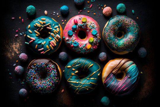 Doughnuts pattern in bright contrast colors. Generative AI. Top view. Donut with frosted, sprinkles and chocolate on dark background. National Donut Day or Fat Thursday. Flat lay. 