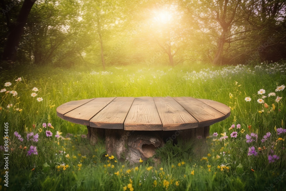 Poster a table made of wood placed smack dab in the center of a luxuriantly verdant field generative ai gen