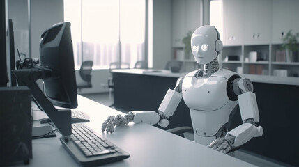 a humanoid robot working in the office, artificial intelligence, outsourcing, Generative AI
