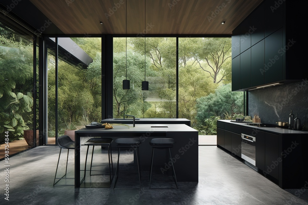 Poster a large kitchen that includes a table and seating for many people generative ai generative ai