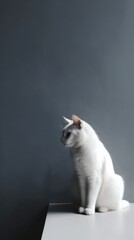 White cat, minimalism on a grey background with free space Generative AI