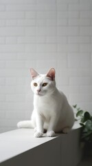 White cat, minimalism on a white room wall background with free space Generative AI