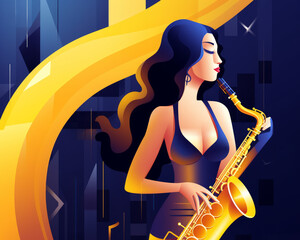 Naklejka premium Illustration of a stylish musician girl holding saxophone. Vector art with blue and yellow color palette. Generative AI