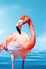 Standing pink flamingo close up on turquoise blue sky and water background Generative AI