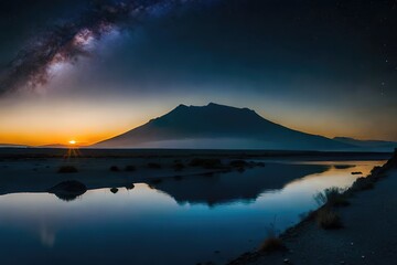 Mount Kilimanjaro and clouds line at sunset, view from savanna landscape in Amboseli, Kenya, Africa