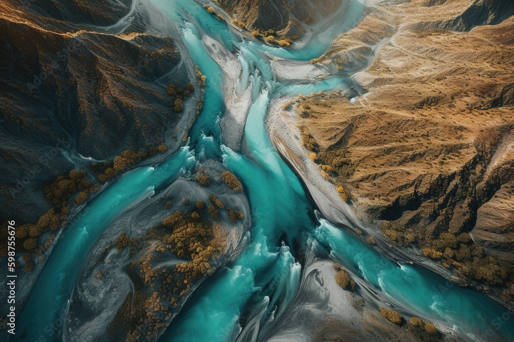 Poster a bird's-eye view of a river that is winding its way across a valley. generative ai generative ai