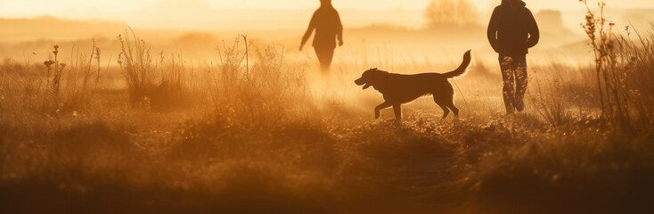 Family walking with dog on meadow field at the sunset. AI generative illustration.