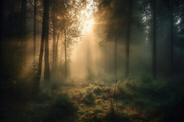 beautiful forest with the sun shining through, Sunrise inside the forest, sun rays in virgin nature. AI generated content