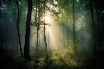 Obraz premium beautiful forest with the sun shining through, Sunrise inside the forest, sun rays in virgin nature. AI generated content