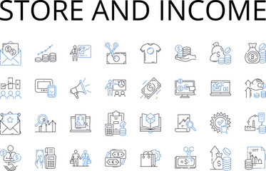 Store and income line icons collection. Shop and revenue , Market and earnings , Boutique and profit , Warehouse and gain , Outlet and return , Emporium and yield , Stockpile and Generative AI
