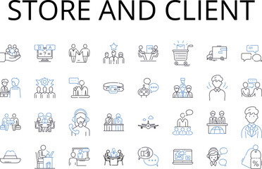 Store and client line icons collection. Shopper and vendor, Service and consumer, Supplier and patron, Market and buyer, Agent and customer, Outlet and purchaser, Dealer and shopper Generative AI