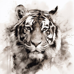 Portrait Of Tiger with a black and white painting, in the style of sepia tone, graphic  watercolor illustration of the tiger head, gothic style