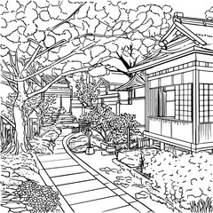 black and white vector ink illustration of small wooden house in Japanese style with garden
