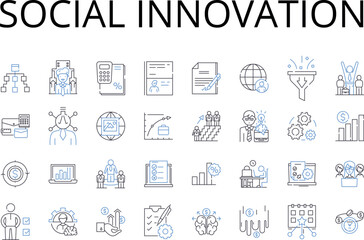 Social innovation line icons collection. Environmental sustainability, Technological advancement, Community development, Corporate responsibility, Cultural diversity, Economic equality, Generative AI