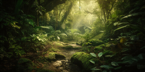 Dense mysterious jungle, rainforest in the sun, tropics full of greenery. Created using Generative AI technology.