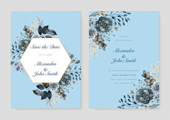 Blue rose floral flower vector elegant leaves wedding invitation card template watercolor