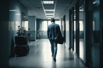 Naklejka na ściany i meble White collar employee walking out of the office building after being fired from his job - generative ai