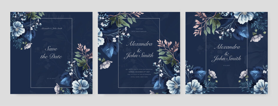 Blue orchid floral flower vector flower wedding invitation template with aesthetic border watercolor