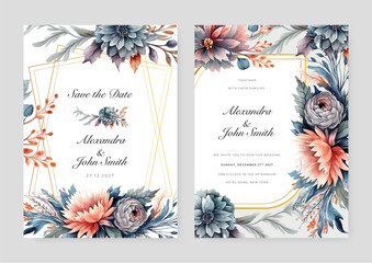 Orange pheony floral flower beautiful and elegant floral wedding invitation card template