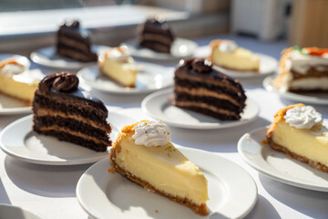 delicious assortment of key lime pie, chocolate cake, and carrot cake on an open spread of dessert at fine dining restaurant