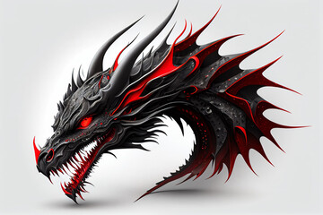3d dragon head with red eyes, tattoo style flat background - Generative Ai